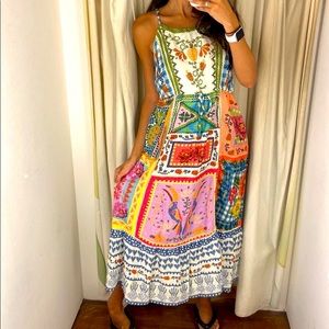 Farm Rio Midi Dress Summer Scarves. Size Medium.